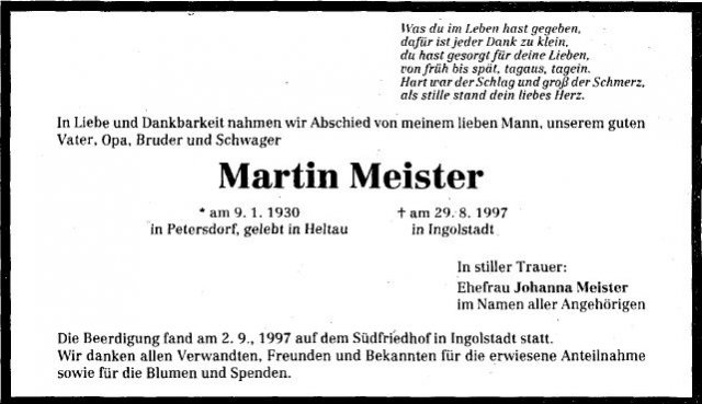 Meister Martin 1930-1997 Todesanzeige